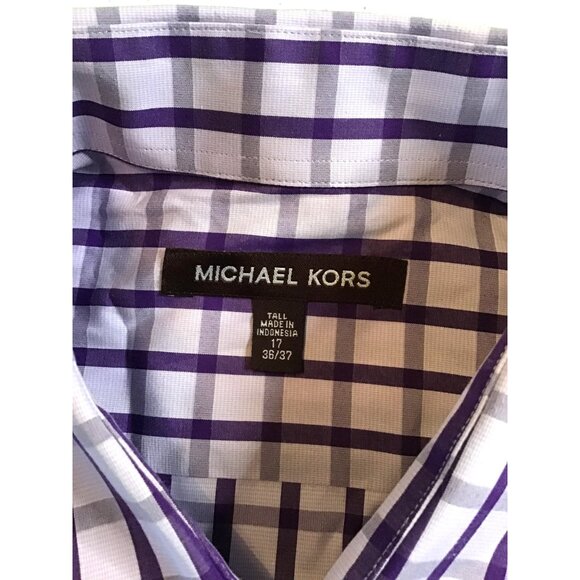 MICHAEL KORS- MENS PURPLE PLAID BUTTON FRONT 100% COTTON SHIRT SIZE NECK 17 TALL - Picture 4 of 7